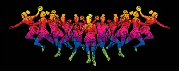 Group Handball Female Players Sport Team Action Cartoon Graphic Vector — Stockvector