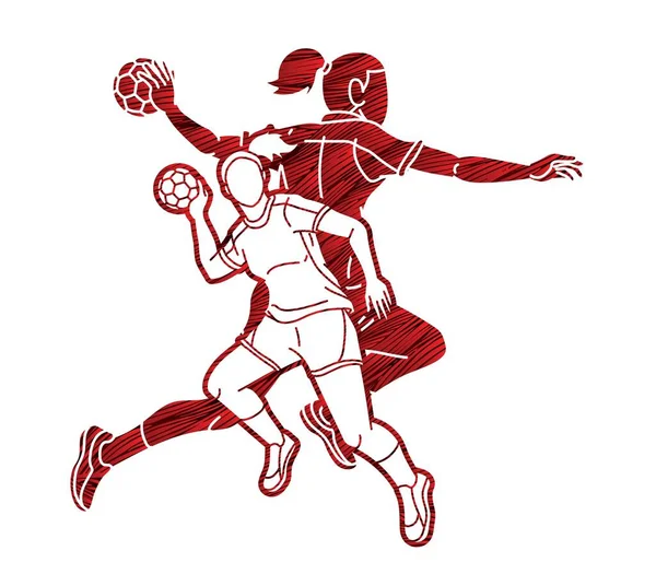 Group Handball Female Players Sport Team Action Cartoon Graphic Vector — Wektor stockowy