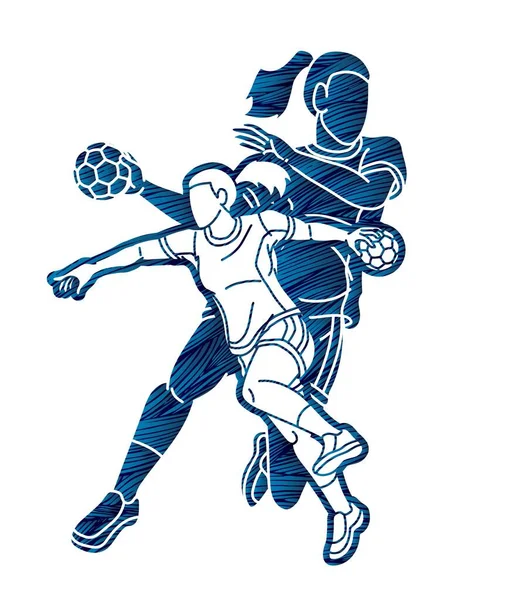 Group Handball Female Players Sport Team Action Cartoon Graphic Vector — Archivo Imágenes Vectoriales