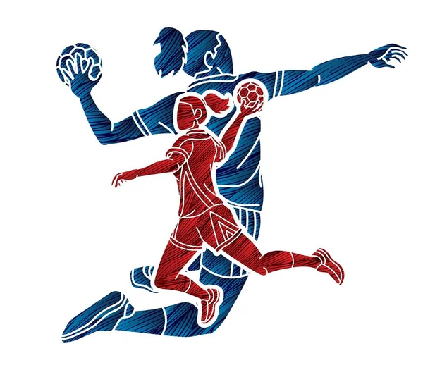 Grupo Balonmano Jugadoras Deporte Equipo Acción Dibujos Animados Vector Gráfico — Archivo Imágenes Vectoriales