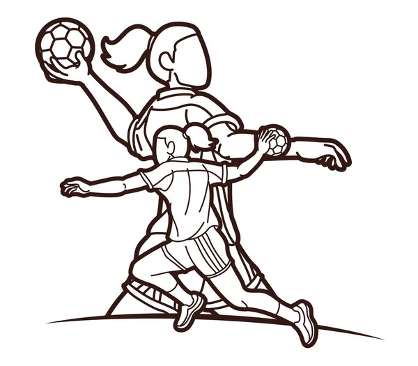 Gruppe Der Handballspielerinnen Sport Team Action Cartoon Graphic Vector — Stockvektor