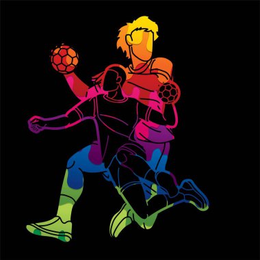 Group of Handball Sport Male Player Action Cartoon Graphic Vector