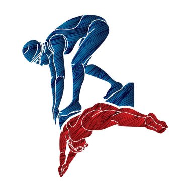 Birlikte Yüzen İnsanlar Grubu Yüzücü Eylem Çizgi Filmi Spor Grafik Vektörü