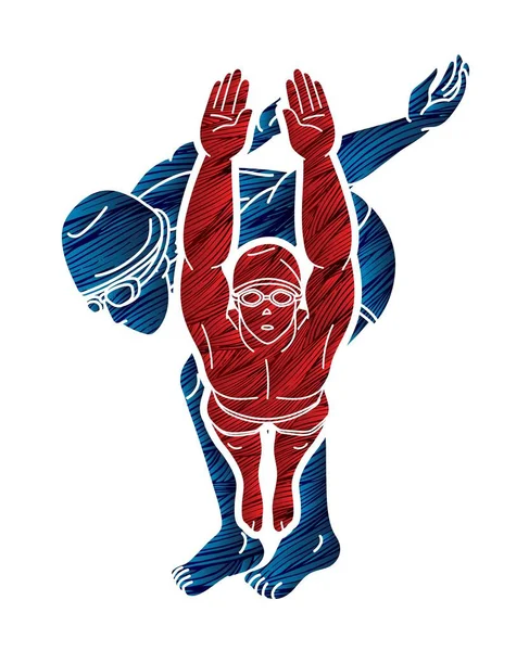 Birlikte Yüzen İnsanlar Grubu Yüzücü Eylem Çizgi Filmi Spor Grafik Vektörü