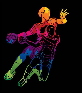 Hentbol Oyuncuları Grubu Erkek ve Kadın Karışık Çizgi Film Çizgi Filmi Grafik Vektörü