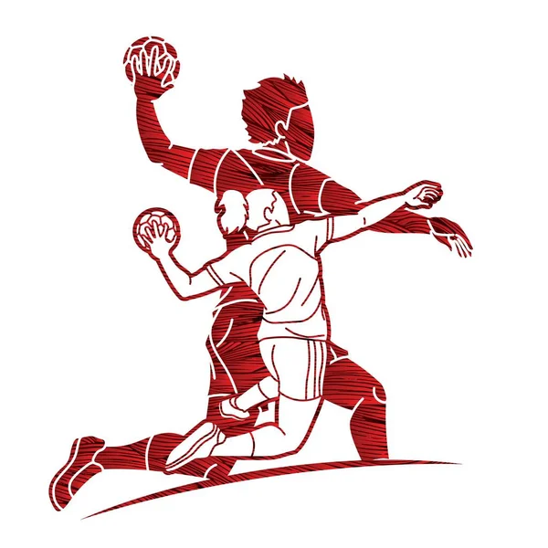 Group Handball Players Male Female Mix Action Cartoon Sport Graphic — Image vectorielle