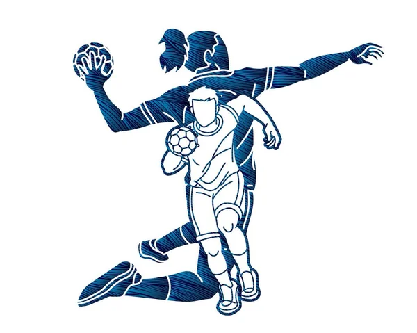 Group Handball Players Male Female Mix Action Cartoon Sport Graphic — Archivo Imágenes Vectoriales