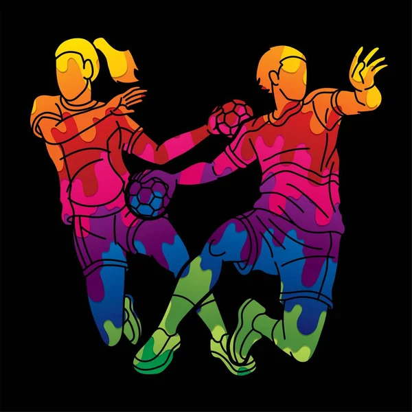 Group Handball Players Male Female Mix Action Cartoon Sport Graphic — Wektor stockowy