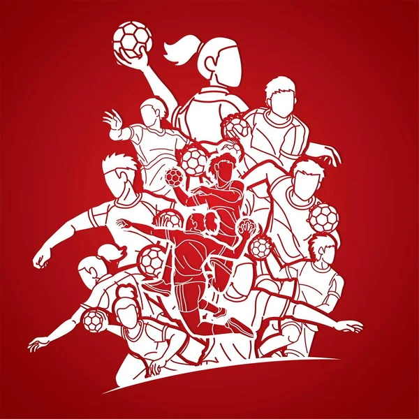 Groupe Joueurs Handball Homme Femme Mix Action Cartoon Sport Graphic — Image vectorielle