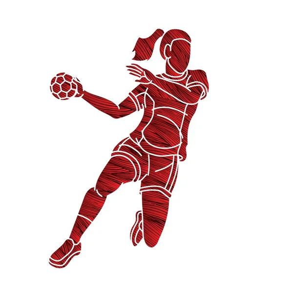Hentbol Spor Kadın Oyuncu Eylem Çizgi Filmi Grafik Vektörü — Stok Vektör