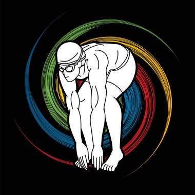 Yüzme Sporu Erkek Yüzücü Eylem Çizgi Filmi Grafik Vektörü