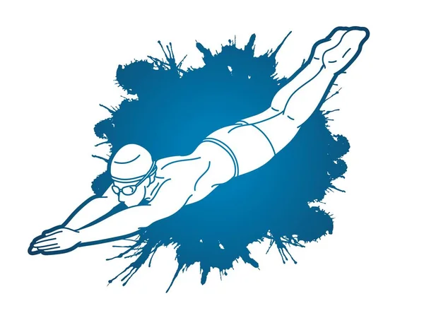 Swimming Sport Male Swimmer Action Cartoon Graphic Vector — Stockový vektor