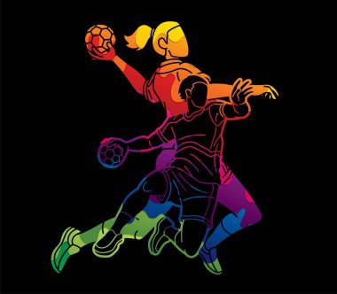 Group of Handball Players Male and Female Mix Action Cartoon Sport Graphic Vector
