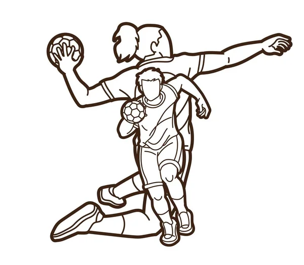 Grupo Jugadores Balonmano Mezcla Masculina Femenina Acción Dibujos Animados Deporte — Vector de stock