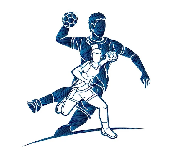 Groupe Joueurs Handball Homme Femme Mix Action Cartoon Sport Graphic — Image vectorielle