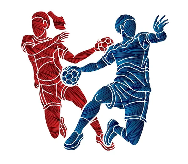 Group Handball Players Male Female Mix Action Cartoon Sport Graphic — Stock vektor