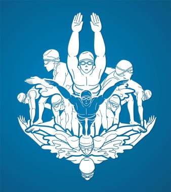 Birlikte Yüzen İnsanlar Grubu Yüzücü Eylem Çizgi Filmi Spor Grafik Vektörü