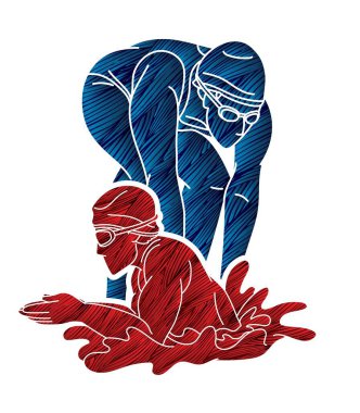 Birlikte Yüzen İnsanlar Grubu Yüzücü Eylem Çizgi Filmi Spor Grafik Vektörü