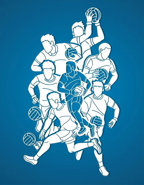 Group Gaelic Football Male Players Action Cartoon Graphic Vector — Vetor de Stock