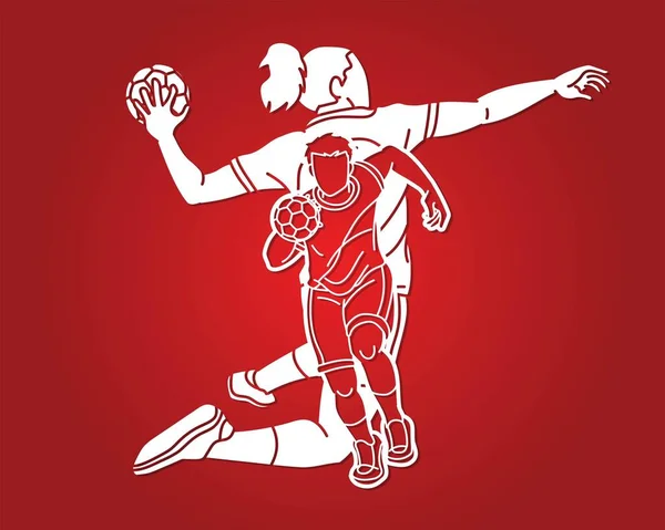 Group Handball Players Male Female Action Together Cartoon Sport Team — Stock vektor