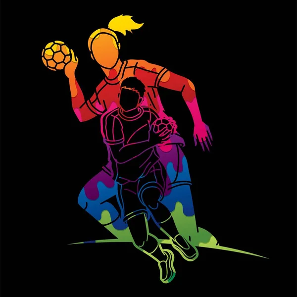 Group Handball Players Male Female Action Together Cartoon Sport Team — Wektor stockowy