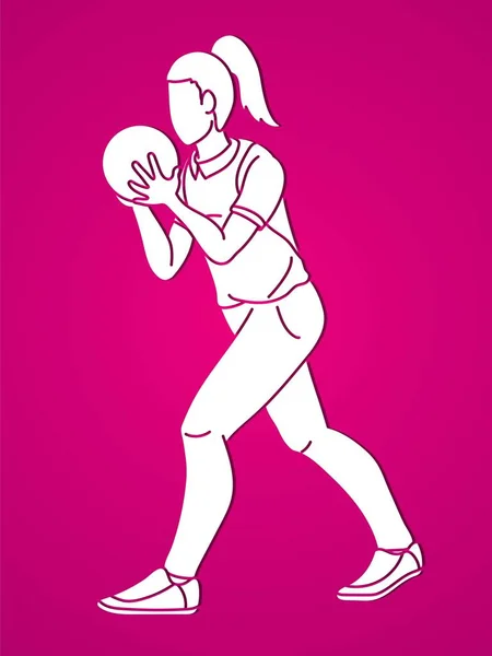 Bowling Sport Female Player Action Cartoon Graphic Vector — Stock Vector