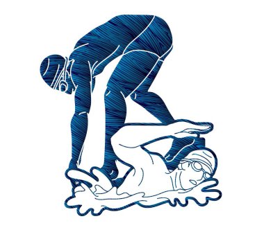 People Swimming Together Group of Swimmer Action Cartoon Sport Graphic Vector