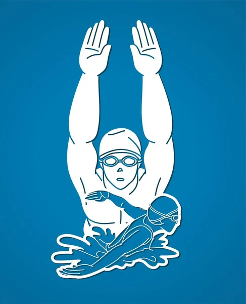 People Swimming Together Group Swimmer Action Cartoon Sport Graphic Vector — Stok Vektör