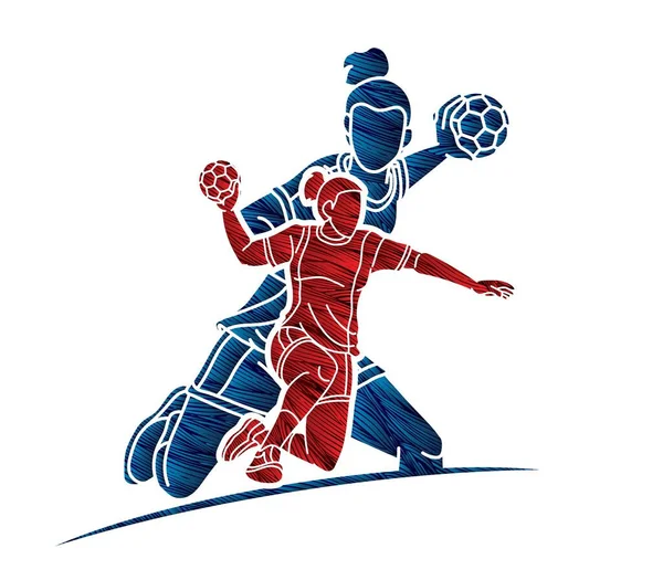 Group Handball Players Female Mix Action Cartoon Sport Graphic Vector — Wektor stockowy