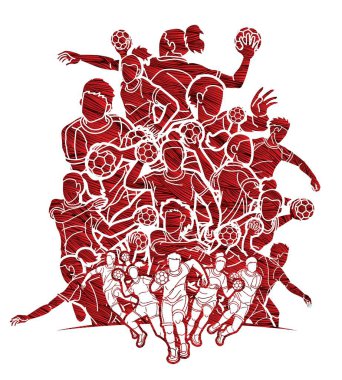 Group of Handball Players Team Male and Female Action Together Cartoon Sport Team Graphic Vector