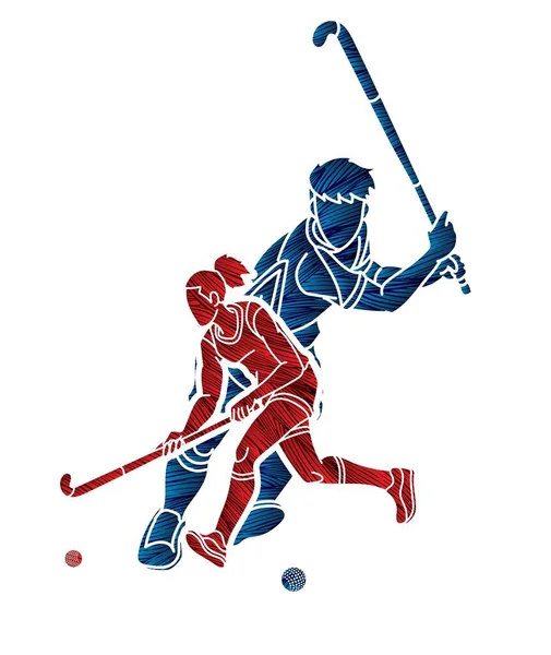 Grupa Hokeja Trawie Sport Mężczyzna Kobieta Gracze Action Cartoon Graphic — Wektor stockowy