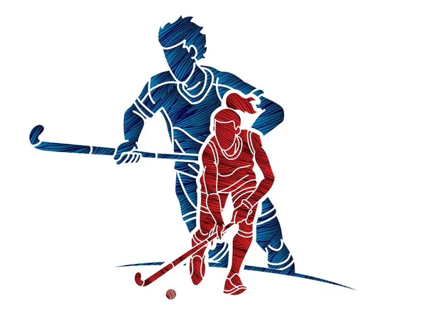 Group of Field Hockey Sport Man and Woman Players Action Cartoon Graphic Vector