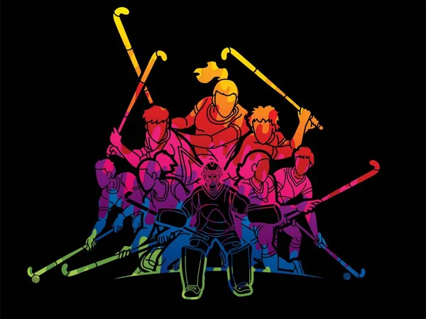Skupina Terénní Hokej Sportovní Muž Žena Hráči Akční Karikatura Grafický — Stockový vektor