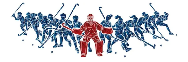 田径曲棍球运动小组男女运动员动作卡通人物 — 图库矢量图片