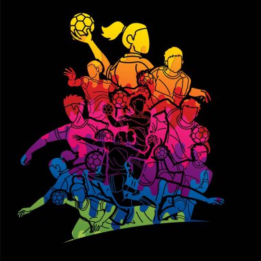 Group of Handball Players Male and Female Action Together Cartoon Sport Team Graphic Vector