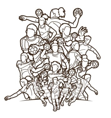 Group of Handball Players Male and Female Action Together Cartoon Sport Team Graphic Vector