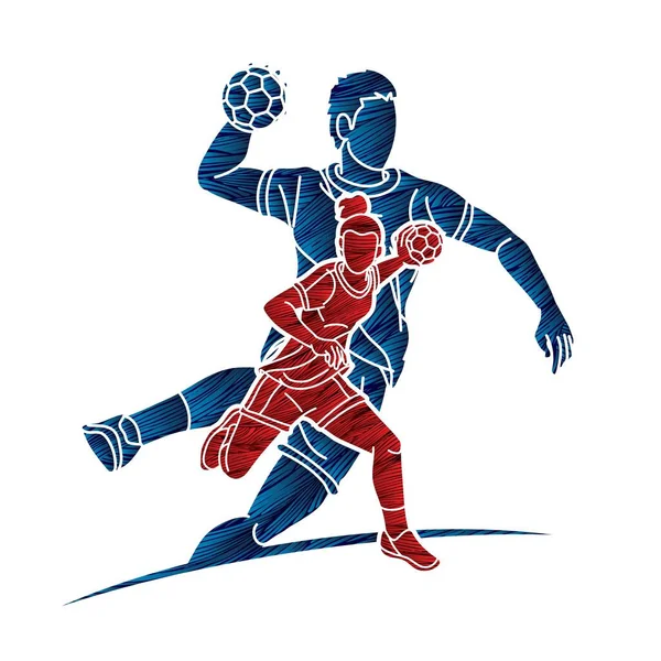 Group Handball Players Male Female Action Together Cartoon Sport Team — Image vectorielle