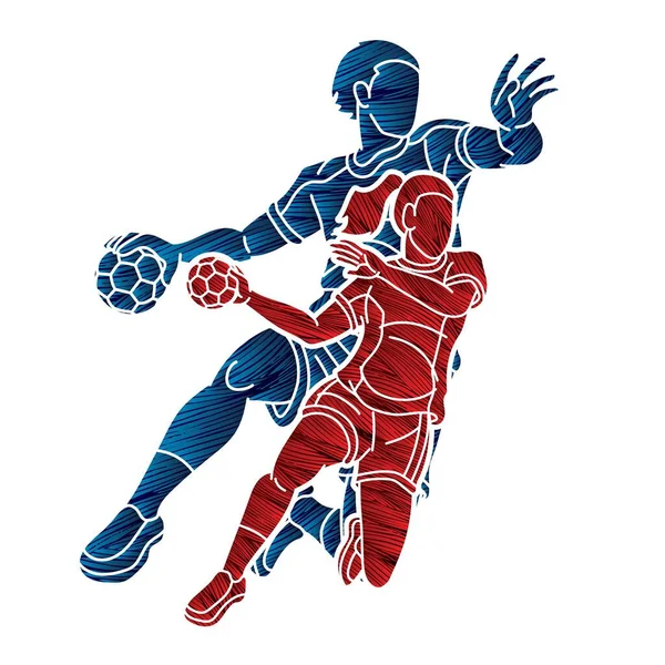Group Handball Players Male Female Action Together Cartoon Sport Team —  Vetores de Stock