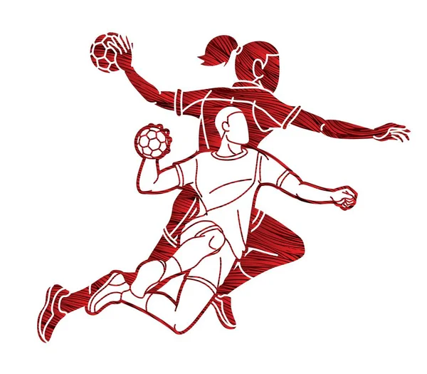 Group Handball Players Male Female Action Together Cartoon Sport Team — Stock vektor