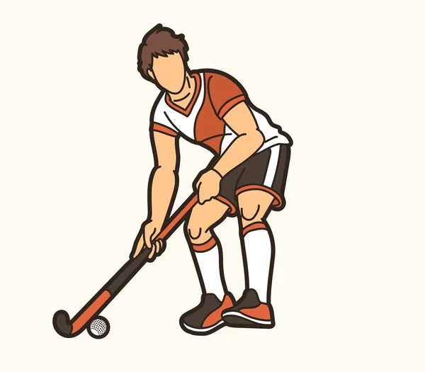 Campo Hockey Deporte Jugador Masculino Acción Dibujos Animados Vector Gráfico — Vector de stock