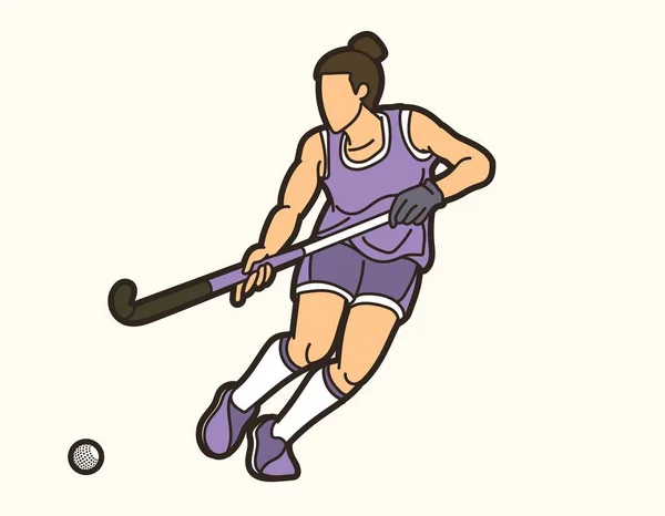Campo Hockey Deporte Jugador Femenino Acción Dibujos Animados Vector Gráfico — Vector de stock