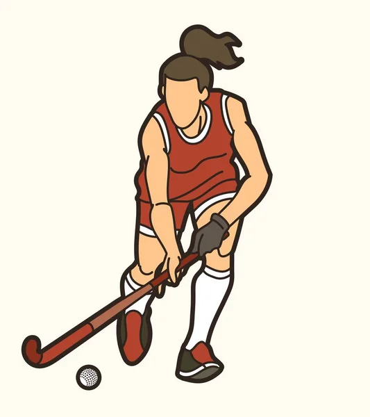 Campo Hockey Deporte Jugador Femenino Acción Dibujos Animados Vector Gráfico — Vector de stock