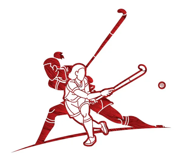 Group Field Hockey Sport Woman Players Action Cartoon Graphic Vector — Stock Vector