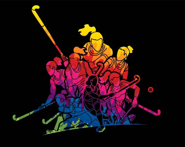 Group Field Hockey Sport Woman Players Action Cartoon Graphic Vector — Stock Vector