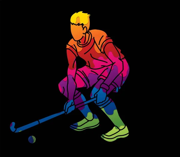 Veld Hockey Sport Mannelijke Speler Actie Tekenfilm Grafische Vector — Stockvector