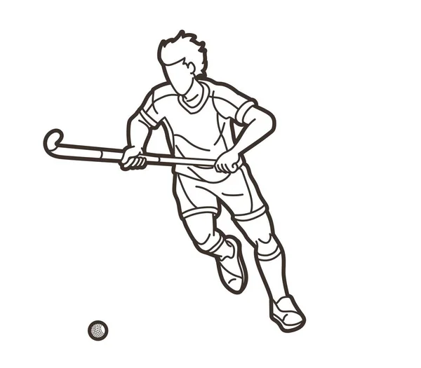 Campo Hockey Deporte Jugador Masculino Acción Dibujos Animados Vector Gráfico — Vector de stock