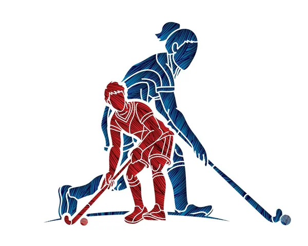 Group of Field Hockey Sport Male and Female Players Action Together Cartoon Graphic Vector