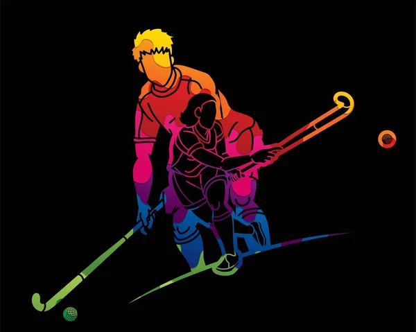 Grupo Hockey Sobre Hierba Deporte Jugadores Masculinos Femeninos Acción Juntos — Archivo Imágenes Vectoriales