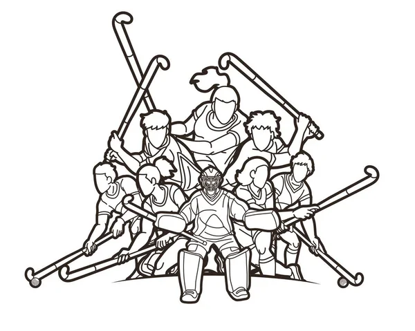 Groupe Hockey Sur Gazon Sport Joueurs Homme Femme Action Ensemble — Image vectorielle