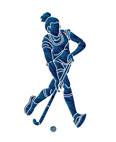 Campo Hockey Deporte Jugador Femenino Acción Dibujos Animados Vector Gráfico — Vector de stock